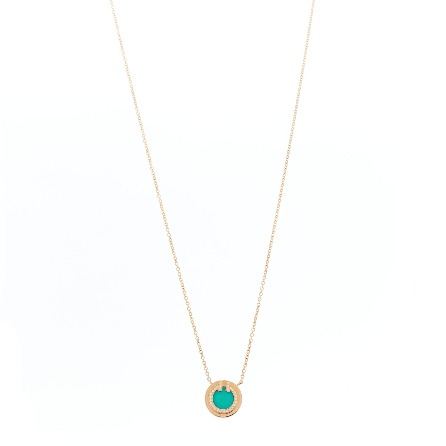 18K Rose Gold Diamond Turquoise Small T Circle Pendant Necklace