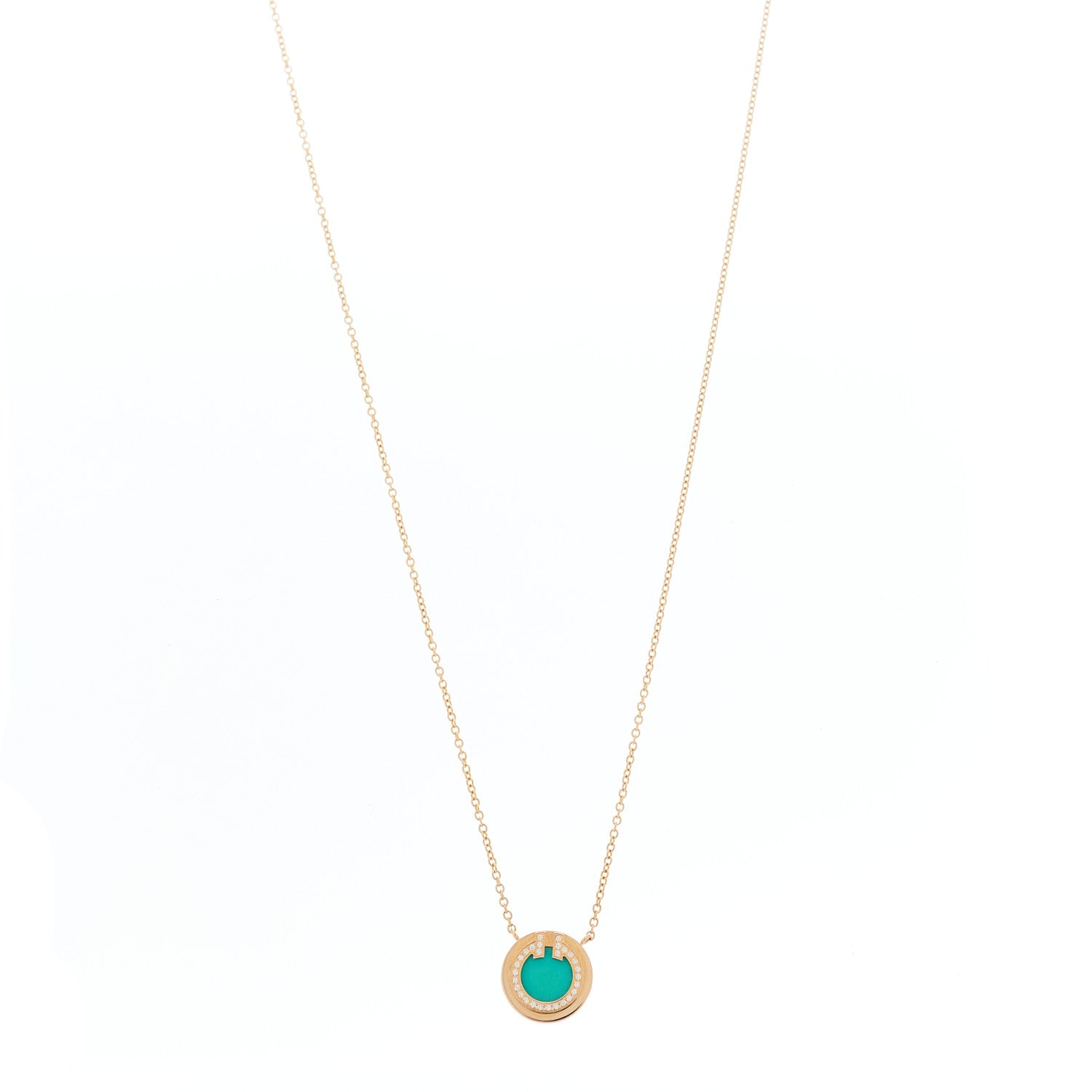Tiffany 18K Rose Gold Diamond Turquoise Small T Circle Pendant Necklace 1 of 7