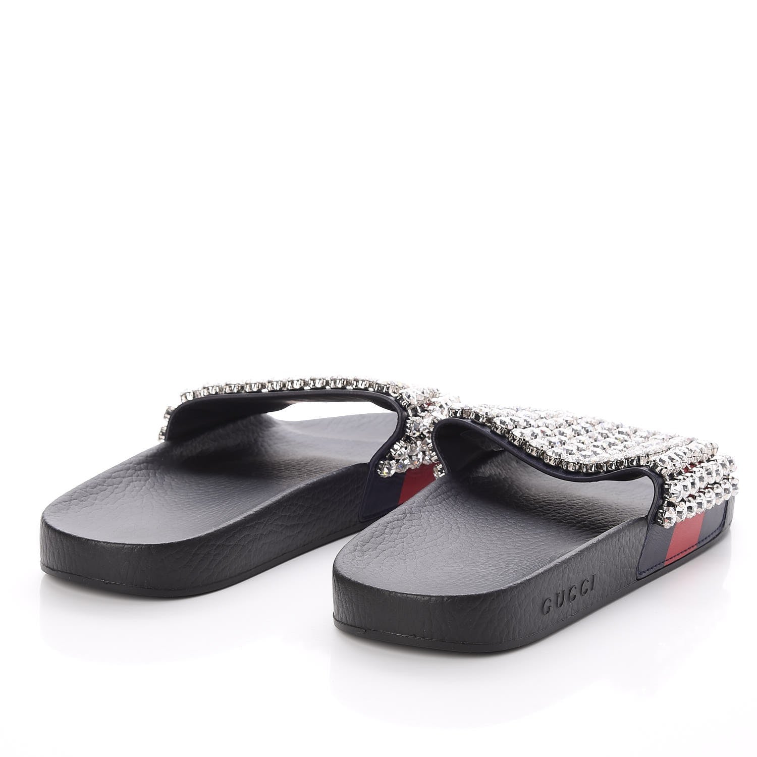 Gucci Calfskin Crystal Embellished Web Slide Sandals 41 Blue Red 4 of 7