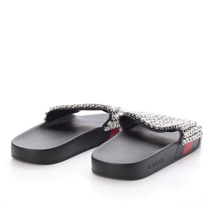 Gucci Calfskin Crystal Embellished Web Slide Sandals 41 Blue Red 4 of 7