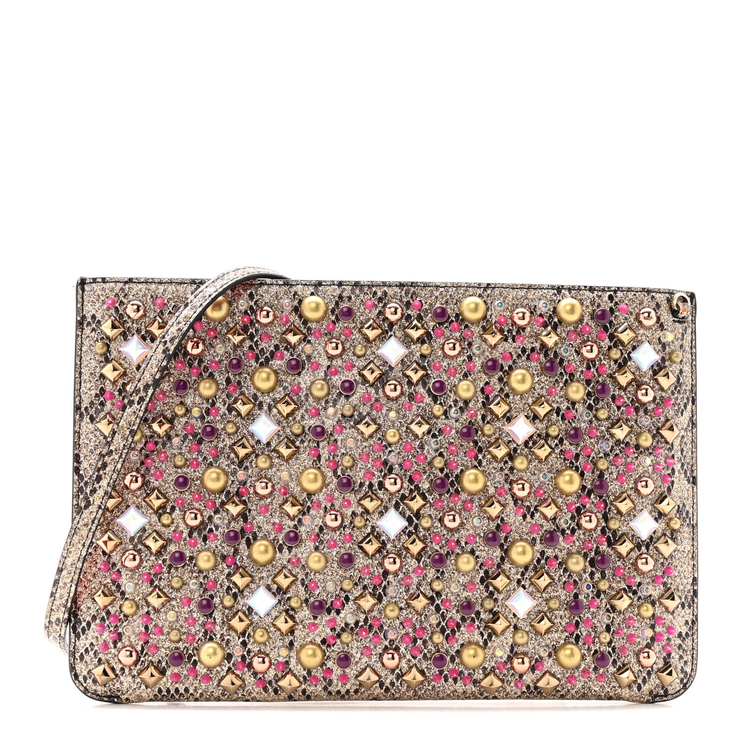 Christian Louboutin Metallic Snakeskin Embossed Spikes Loubiposh Clutch Gold Pink 1 of 12