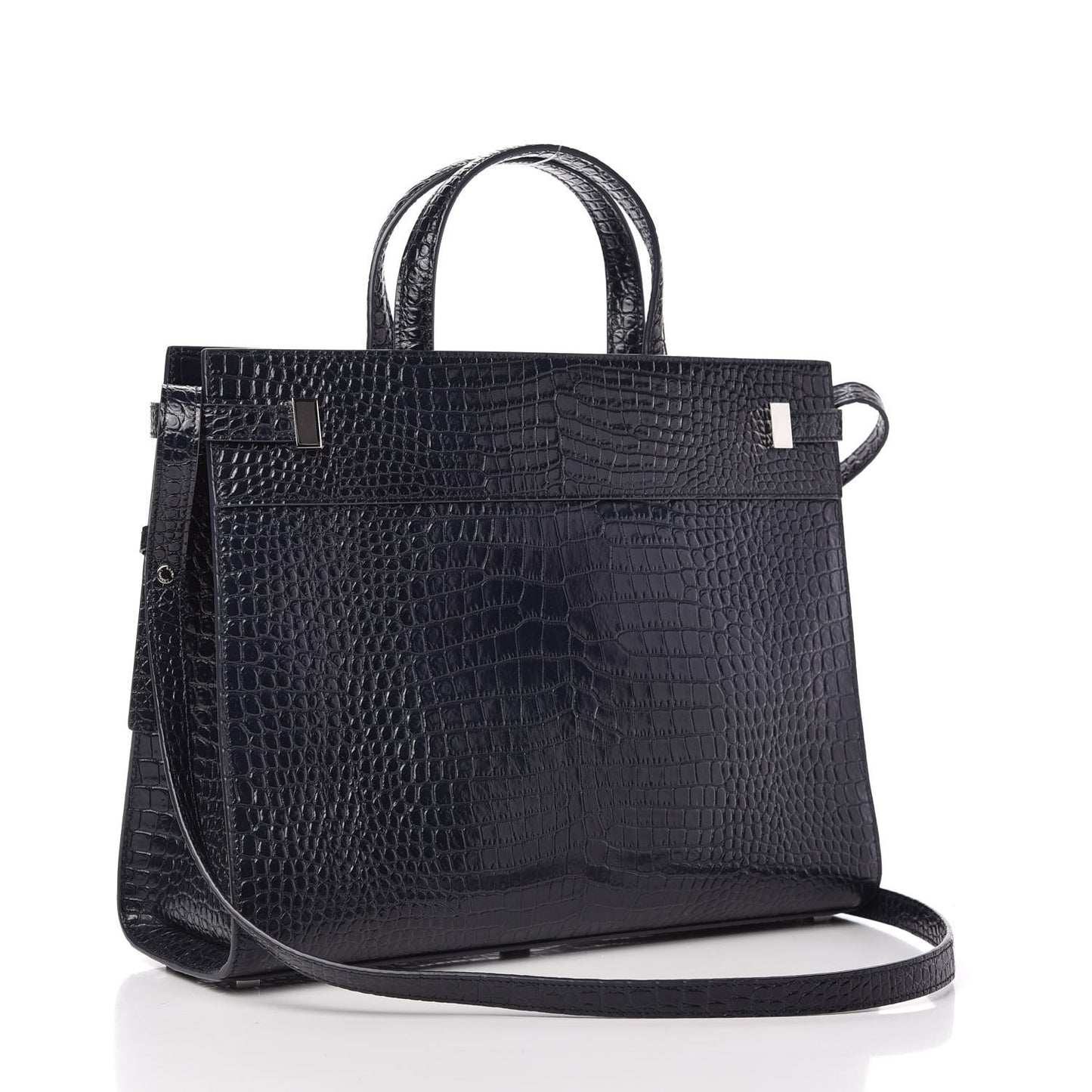 Shiny Calfskin Crocodile Embossed Small Manhattan Shopper Tote Deep Marine