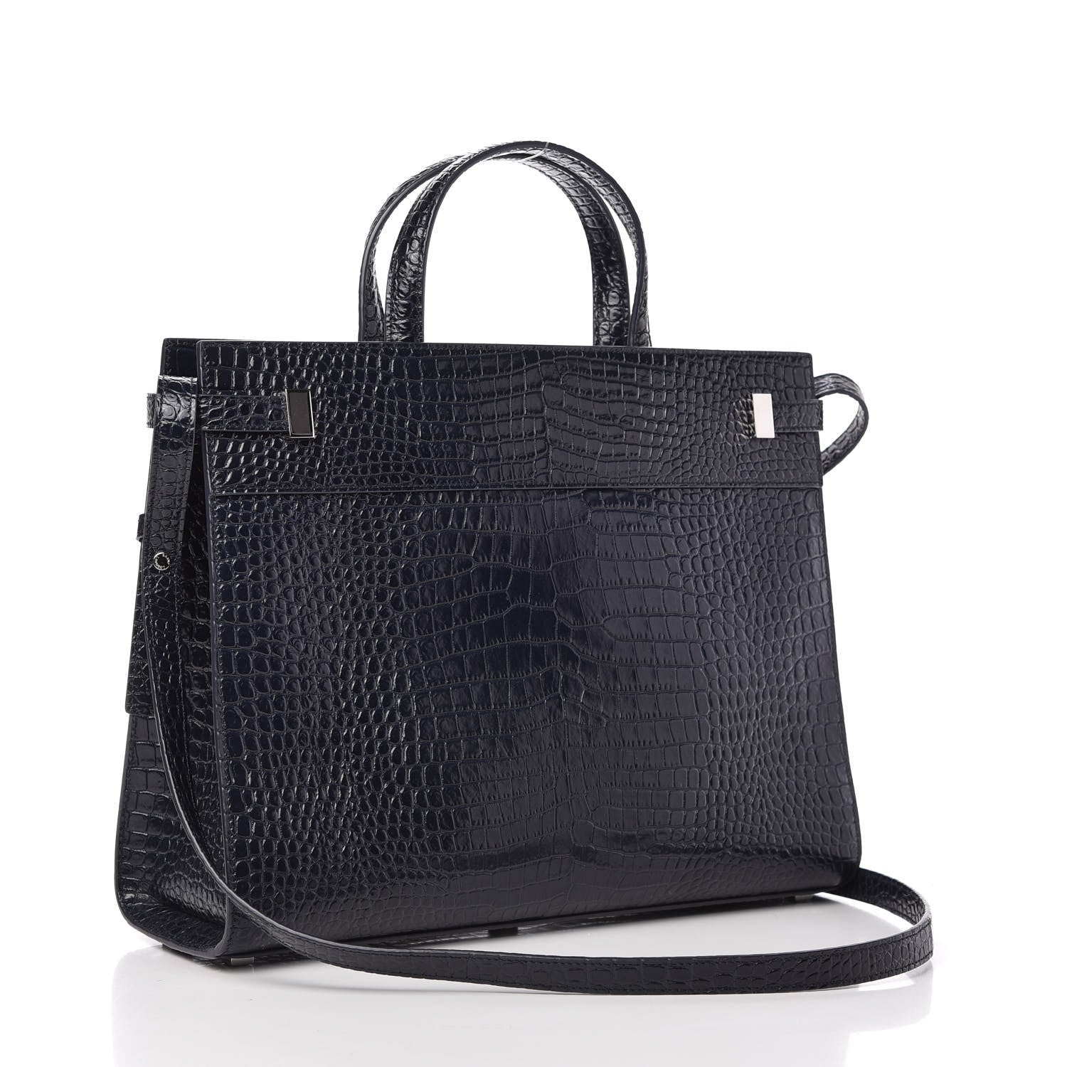 Saint Laurent Shiny Calfskin Crocodile Embossed Small Manhattan Shopper Tote Deep Marine 3 of 10