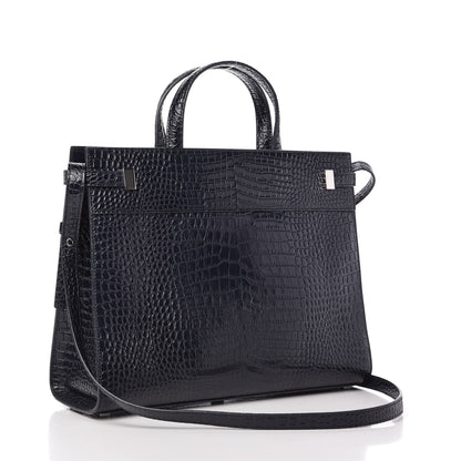 Saint Laurent Shiny Calfskin Crocodile Embossed Small Manhattan Shopper Tote Deep Marine 3 of 10