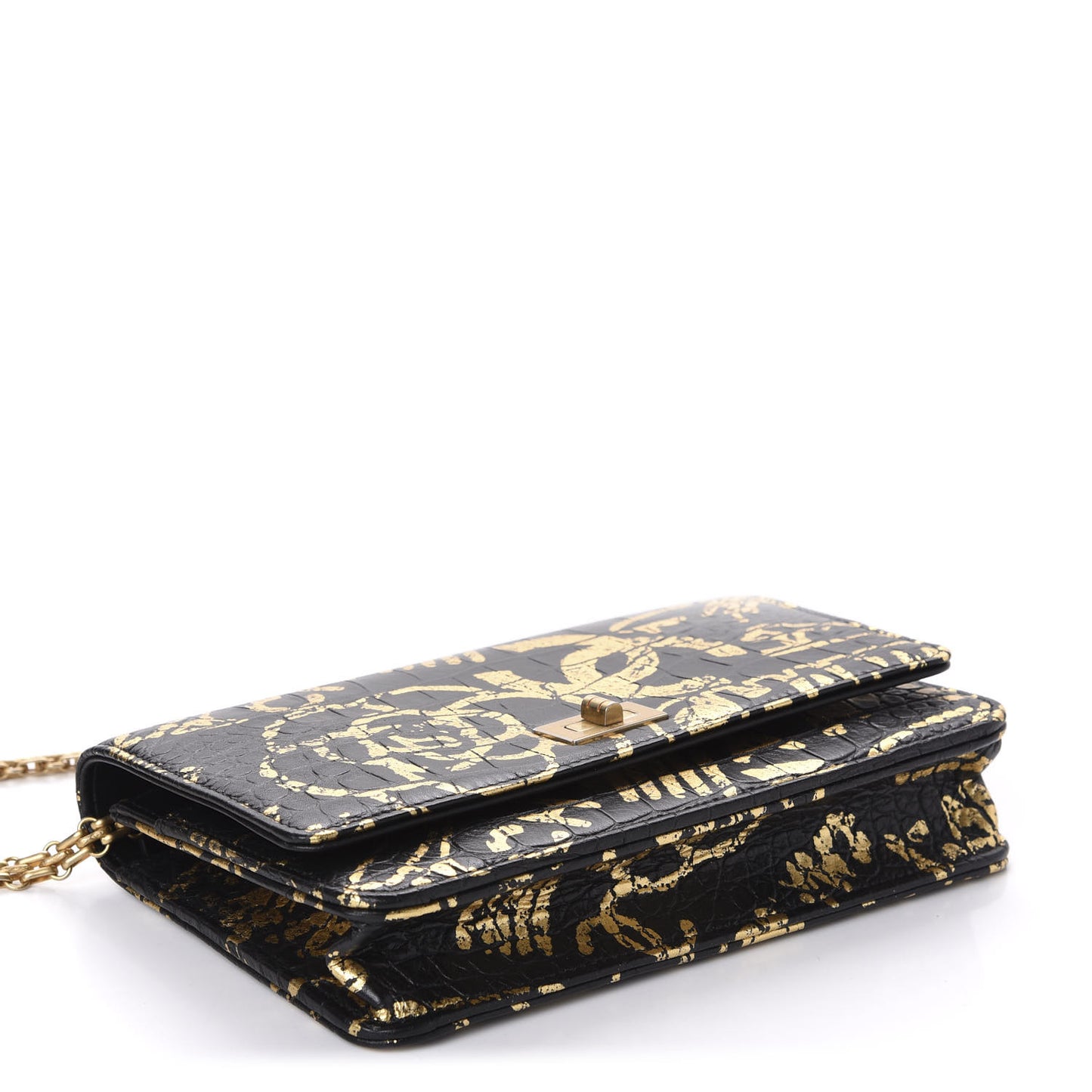 Calfskin Crocodile Embossed Graffiti 2.55 Cocodile Reissue Wallet On Chain WOC Black Gold