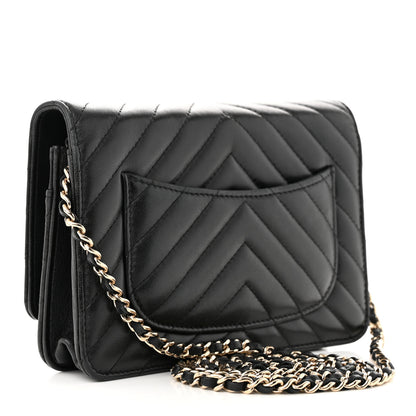 Chanel Lambskin Chevron Quilted Wallet On Chain WOC Black 3 of 12