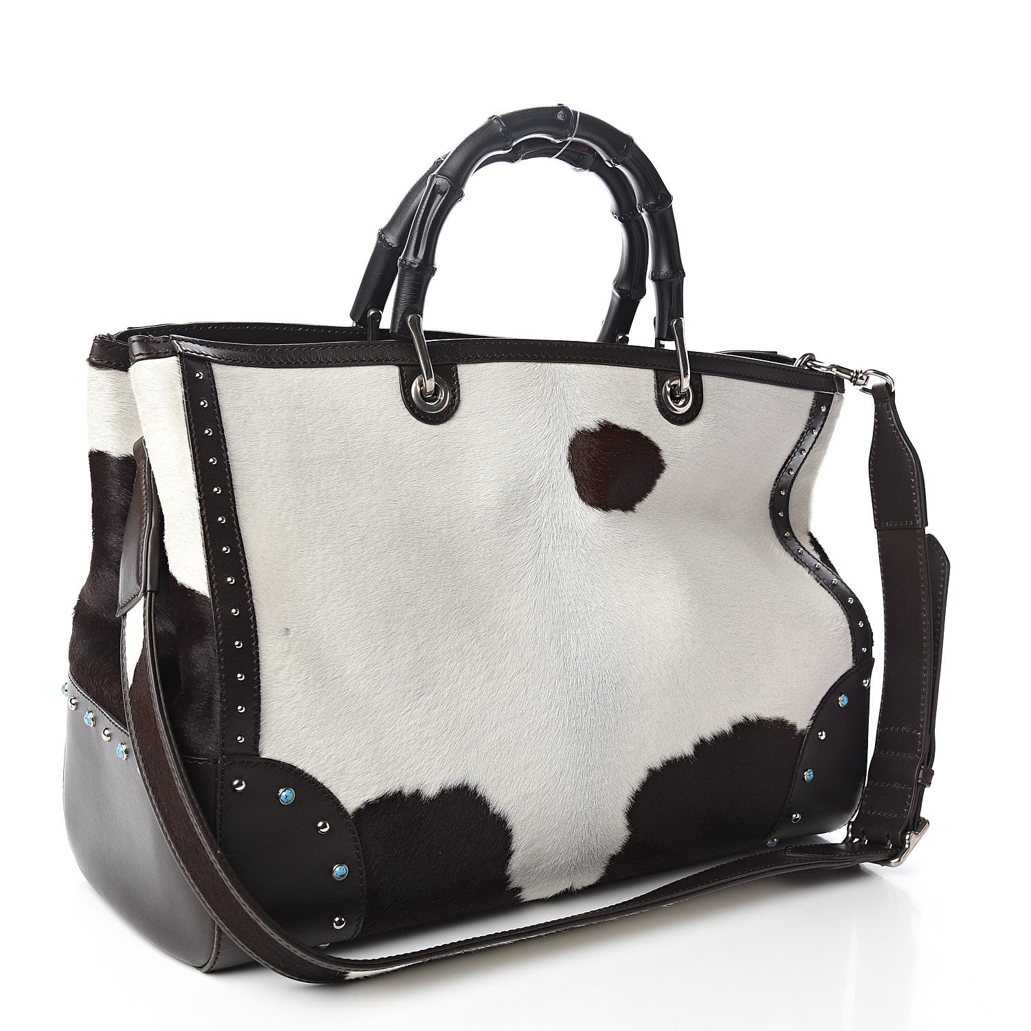 Gucci Calf Hair Bamboo Top Handle Shopper Bag Brown White 2 of 10