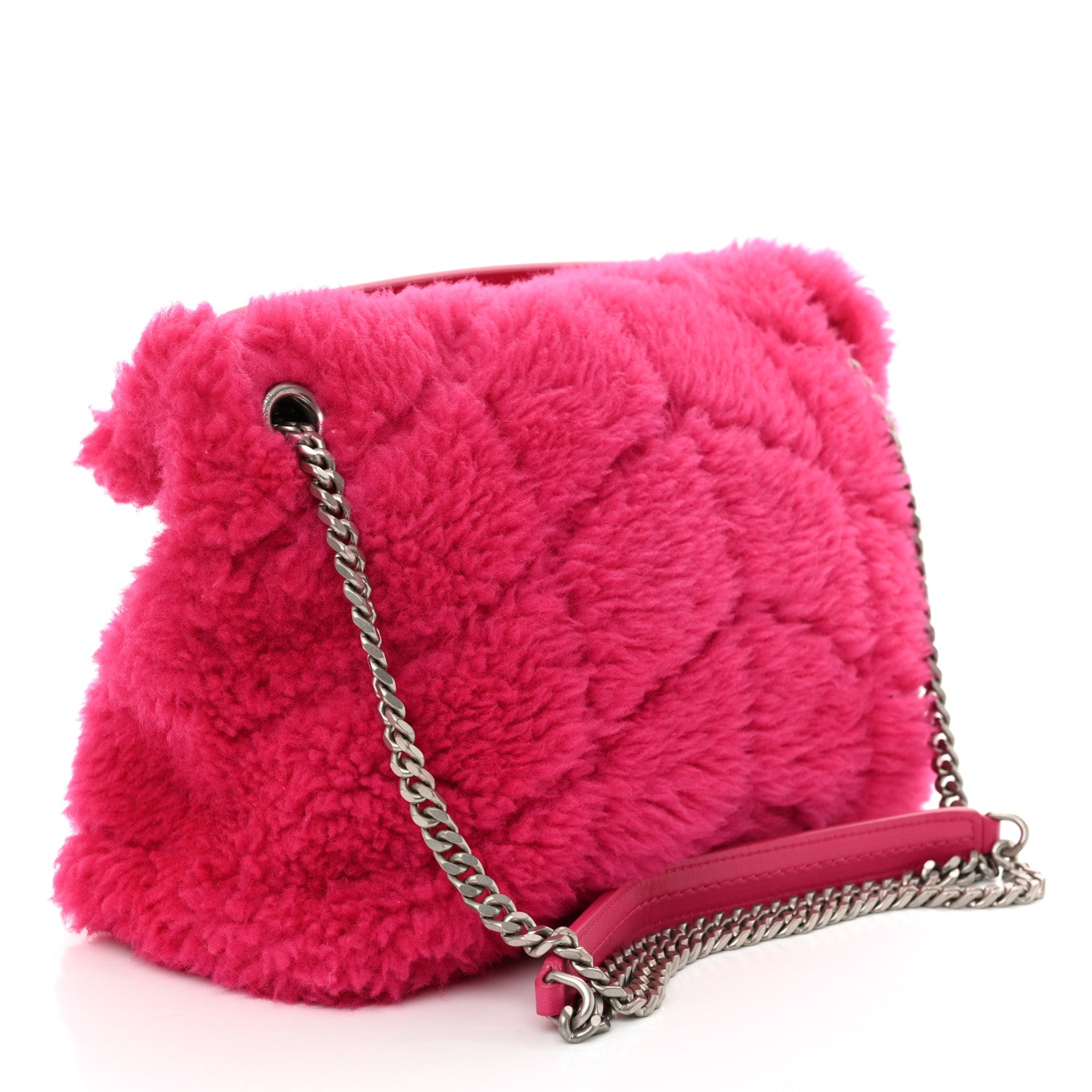 Saint Laurent Merino Shearling Lambskin Quilted Small Loulou Puffer Monogram Chain Satchel Fuchsia 3 of 11