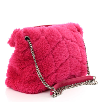 Saint Laurent Merino Shearling Lambskin Quilted Small Loulou Puffer Monogram Chain Satchel Fuchsia 3 of 11