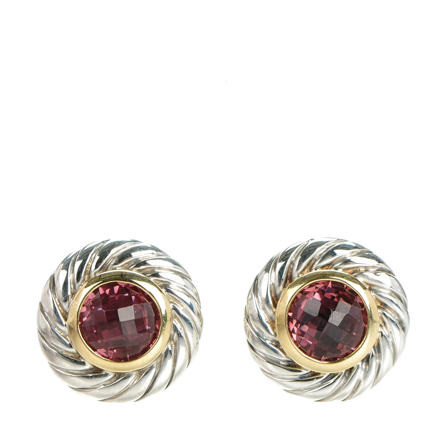 Sterling Silver 18K Yellow Gold Pink Tourmaline 6mm Cookie Cable Earrings