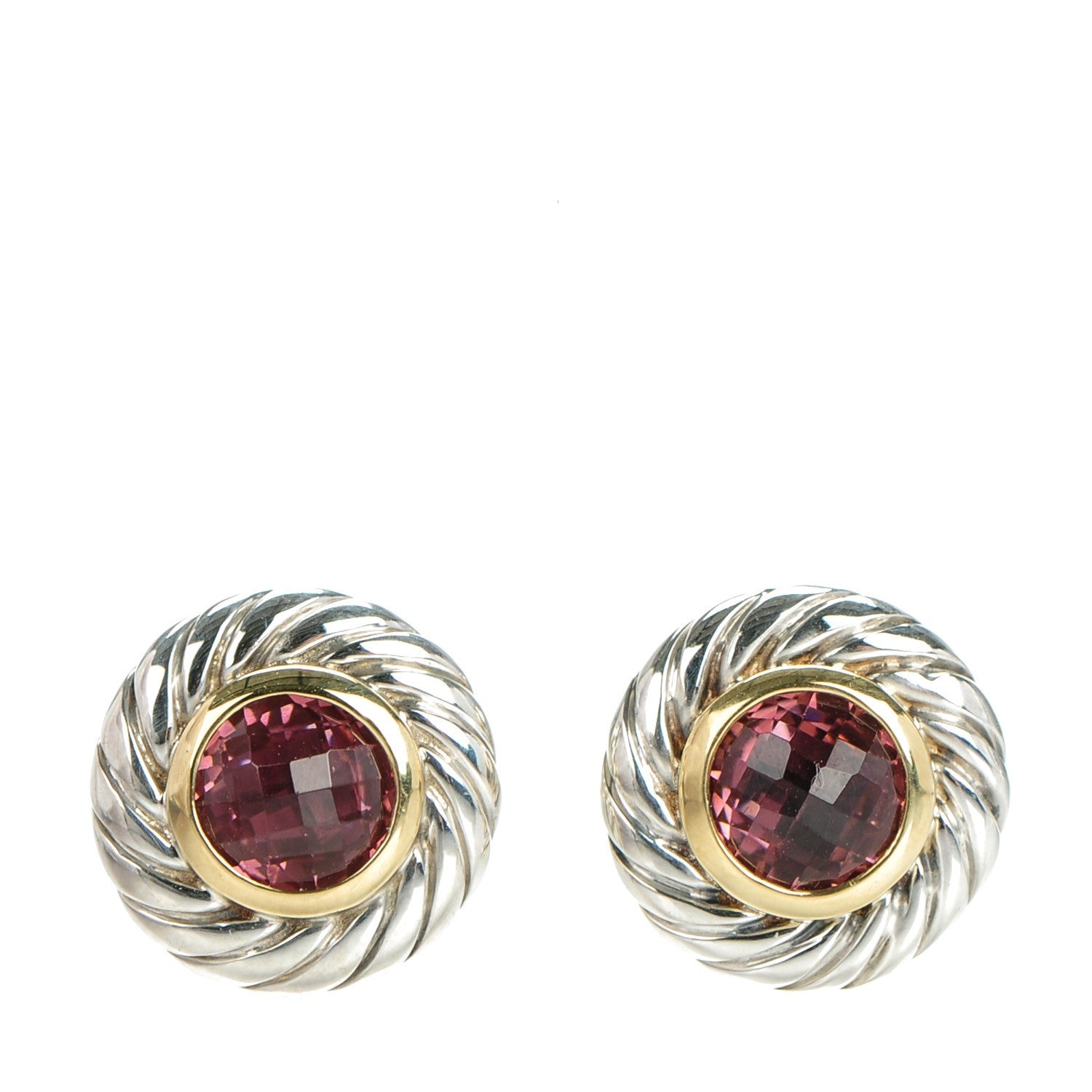 David Yurman Sterling Silver 18K Yellow Gold Pink Tourmaline 6mm Cookie Cable Earrings 1 of 5