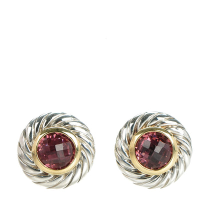 David Yurman Sterling Silver 18K Yellow Gold Pink Tourmaline 6mm Cookie Cable Earrings 1 of 5