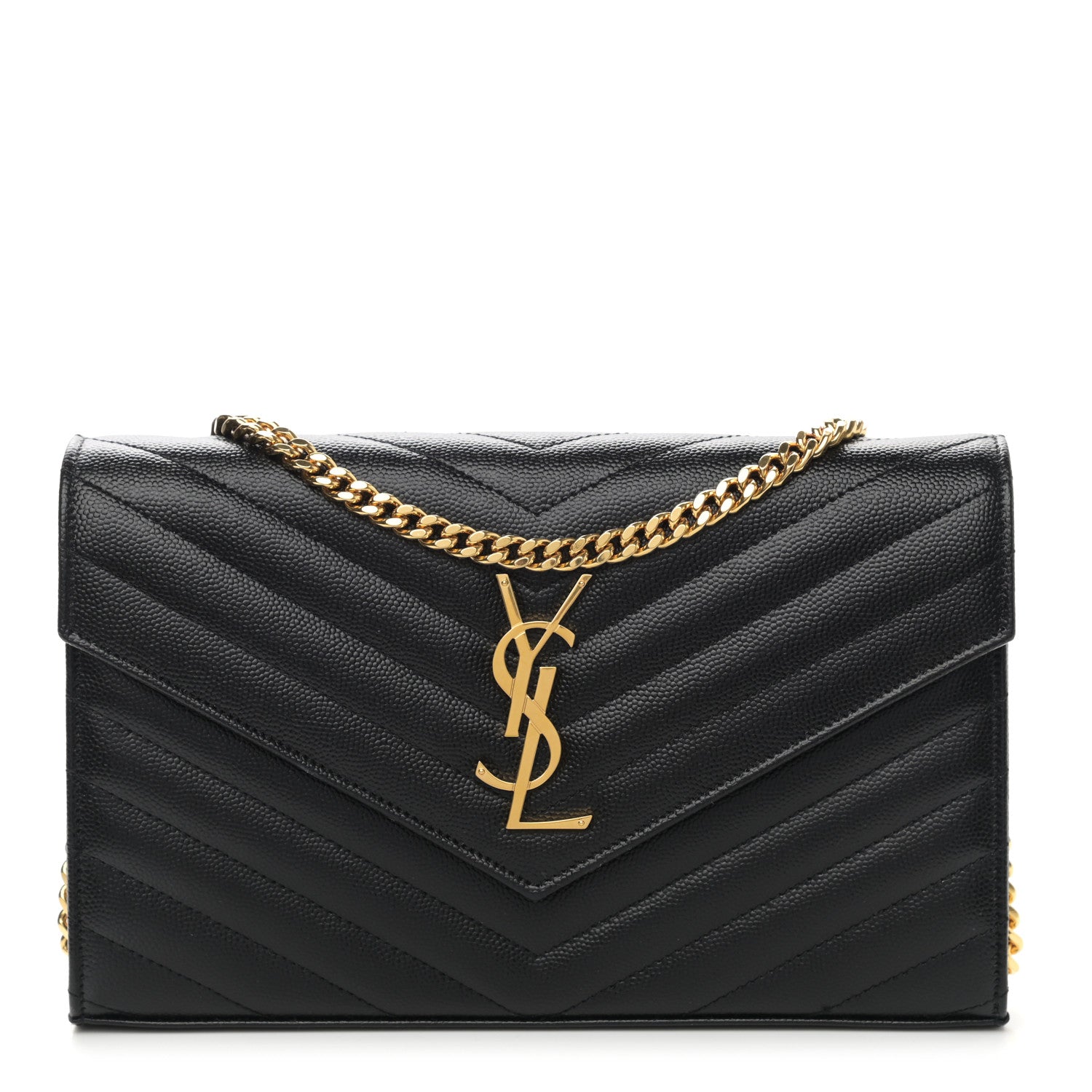 Saint Laurent Grain De Poudre Matelasse Chevron Monogram Chain Wallet Black 1 of 8