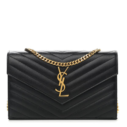 Saint Laurent Grain De Poudre Matelasse Chevron Monogram Chain Wallet Black 1 of 8