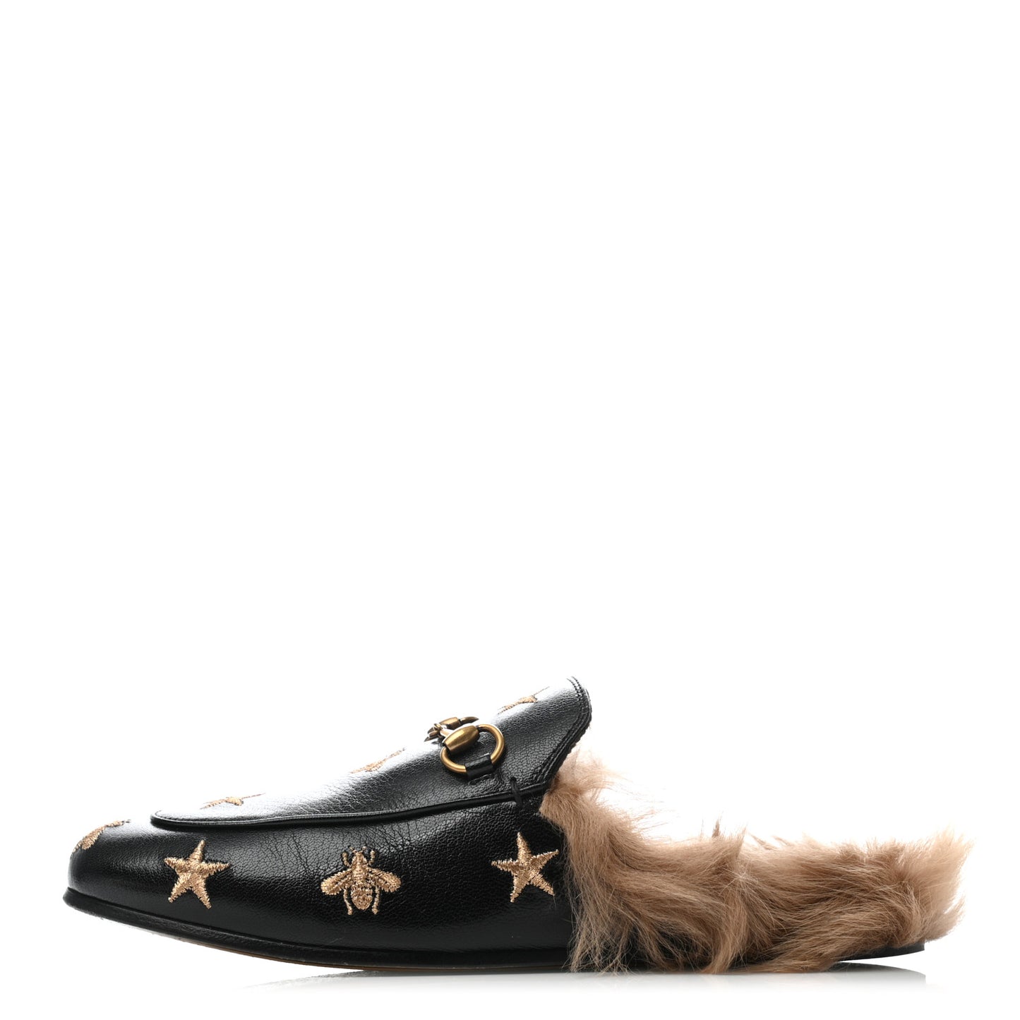 Goatskin Fur Bee Star Embroidered Womens Princetown Slippers 37.5 Black