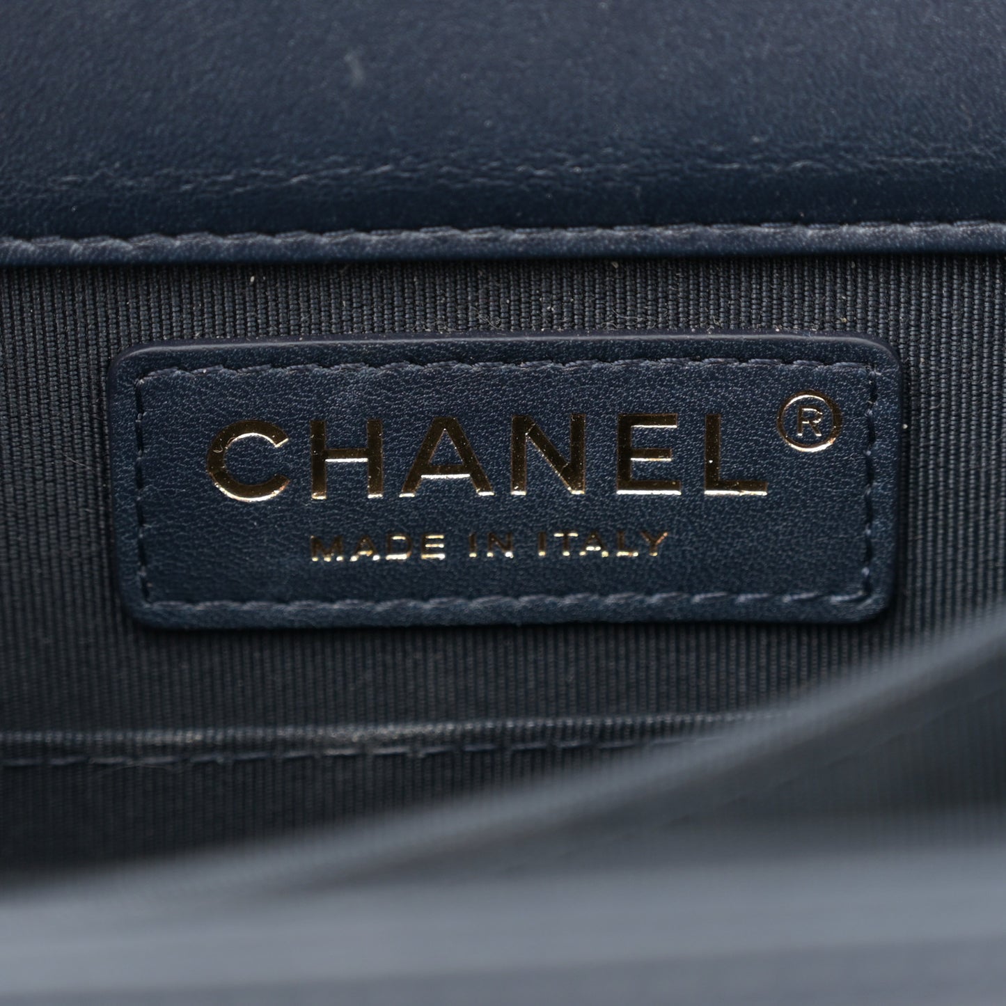 Metallic Lambskin Striped North South Boy Flap Navy Gold