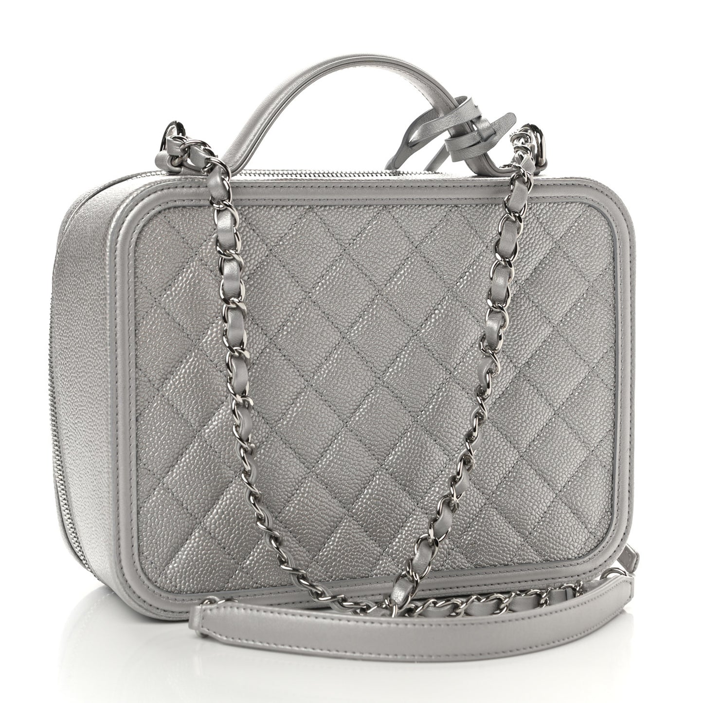 Metallic Caviar Quilted Large CC Filigree Vanity Case Silver