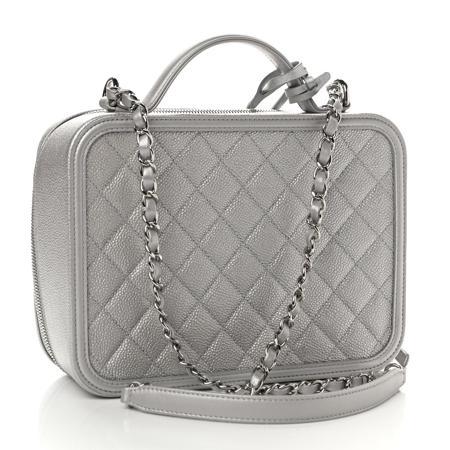 Chanel Metallic Caviar Quilted Large CC Filigree Vanity Case Silver 3 of 11