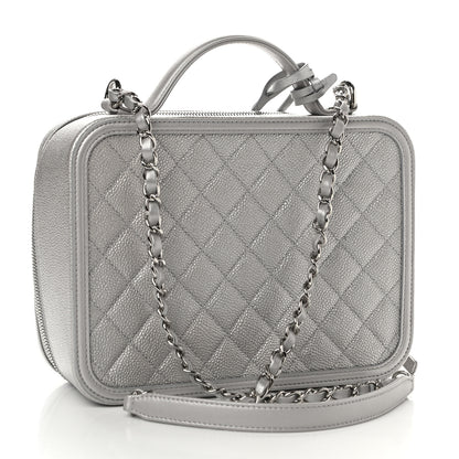Chanel Metallic Caviar Quilted Large CC Filigree Vanity Case Silver 3 of 11