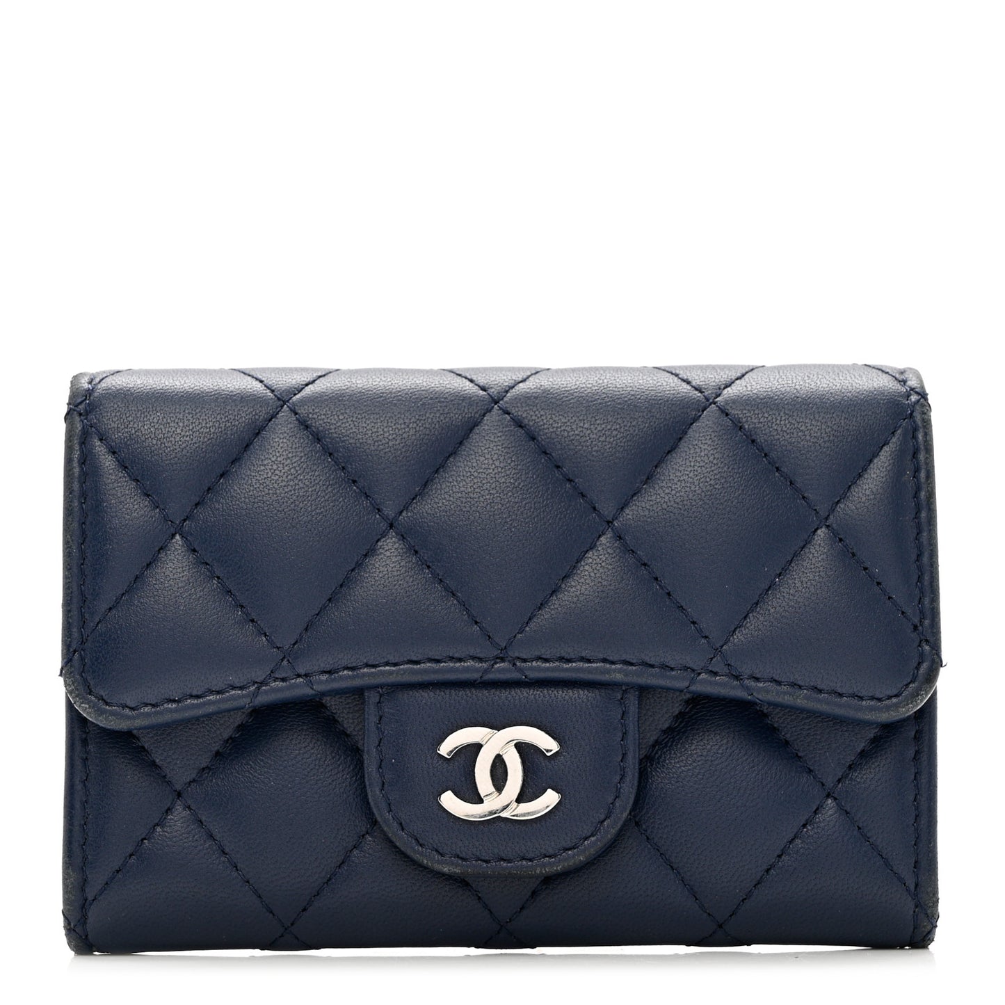 Lambskin Quilted Flap Card Holder Wallet Navy