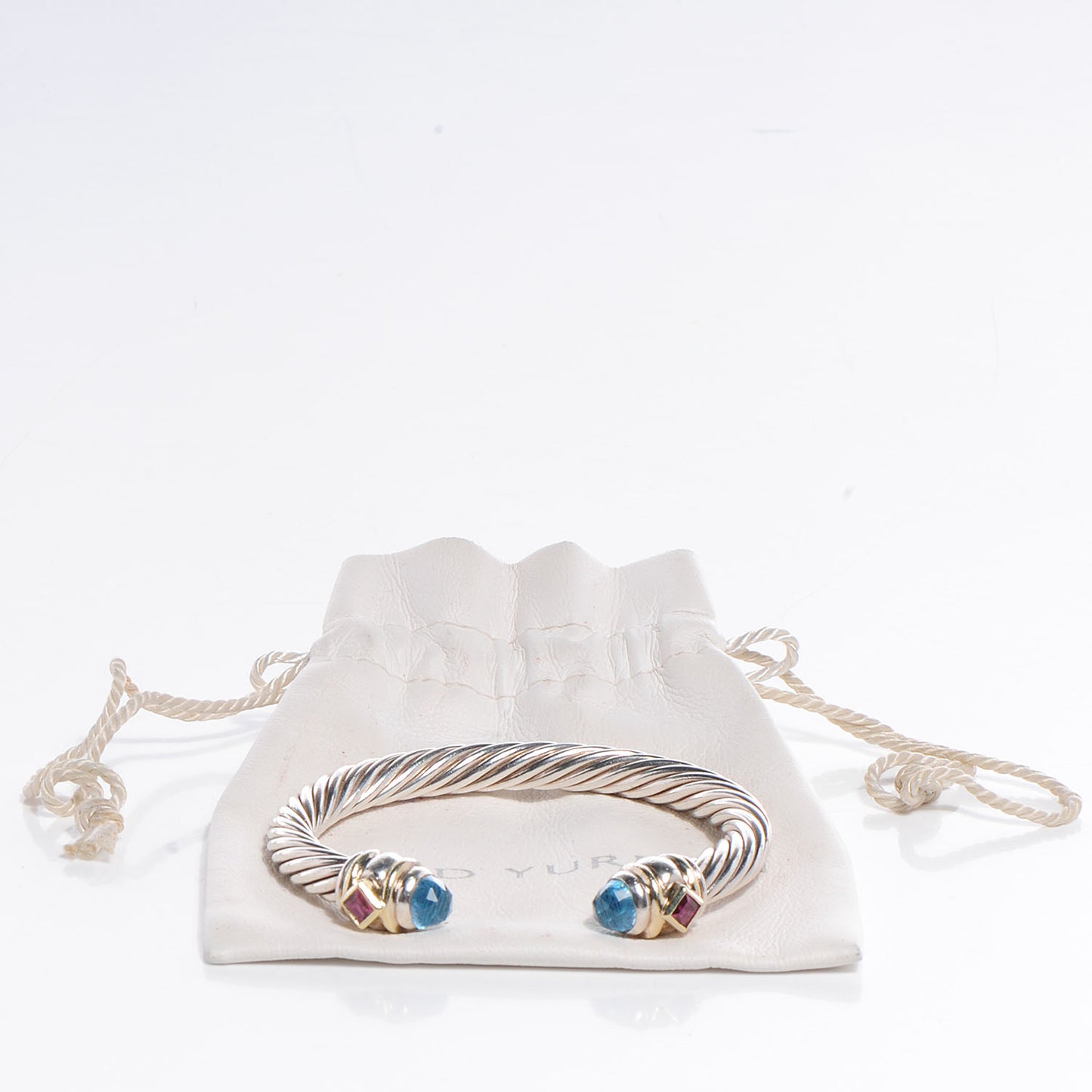 Sterling Silver 14K Yellow Gold 7mm Blue Topaz Pink Tourmaline Renaissance Cable Bracelet