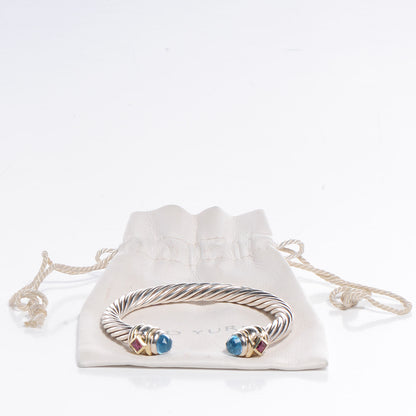 David Yurman Sterling Silver 14K Yellow Gold 7mm Blue Topaz Pink Tourmaline Renaissance Cable Bracelet 4 of 9