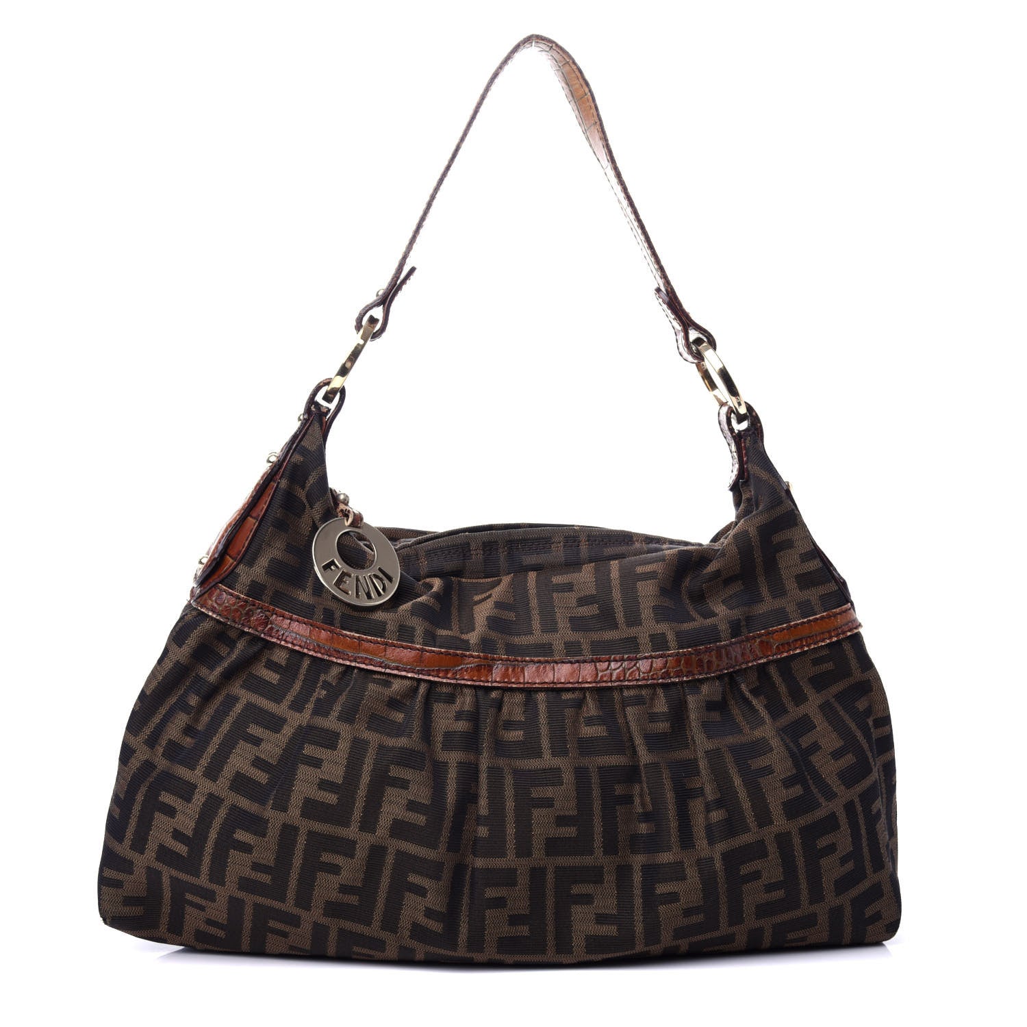Fendi Zucca Calfskin Crocodile Embossed Chef Hobo Tobacco 1 of 11