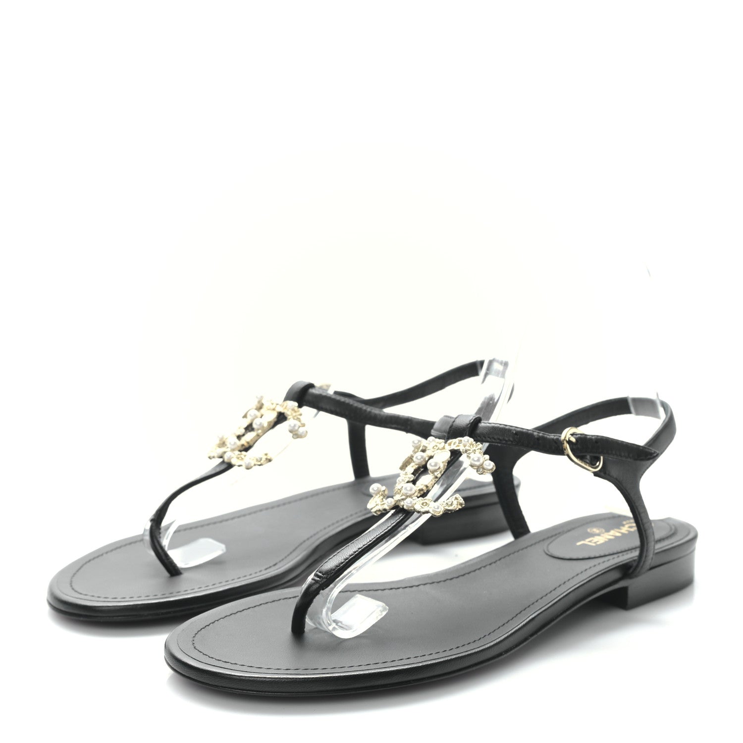 Chanel Lambskin Pearl Crystal CC Thong Sandals 37.5 Black 3 of 7