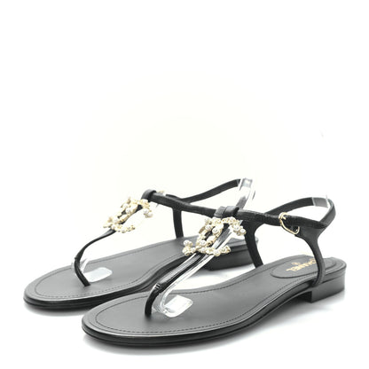 Chanel Lambskin Pearl Crystal CC Thong Sandals 37.5 Black 3 of 7