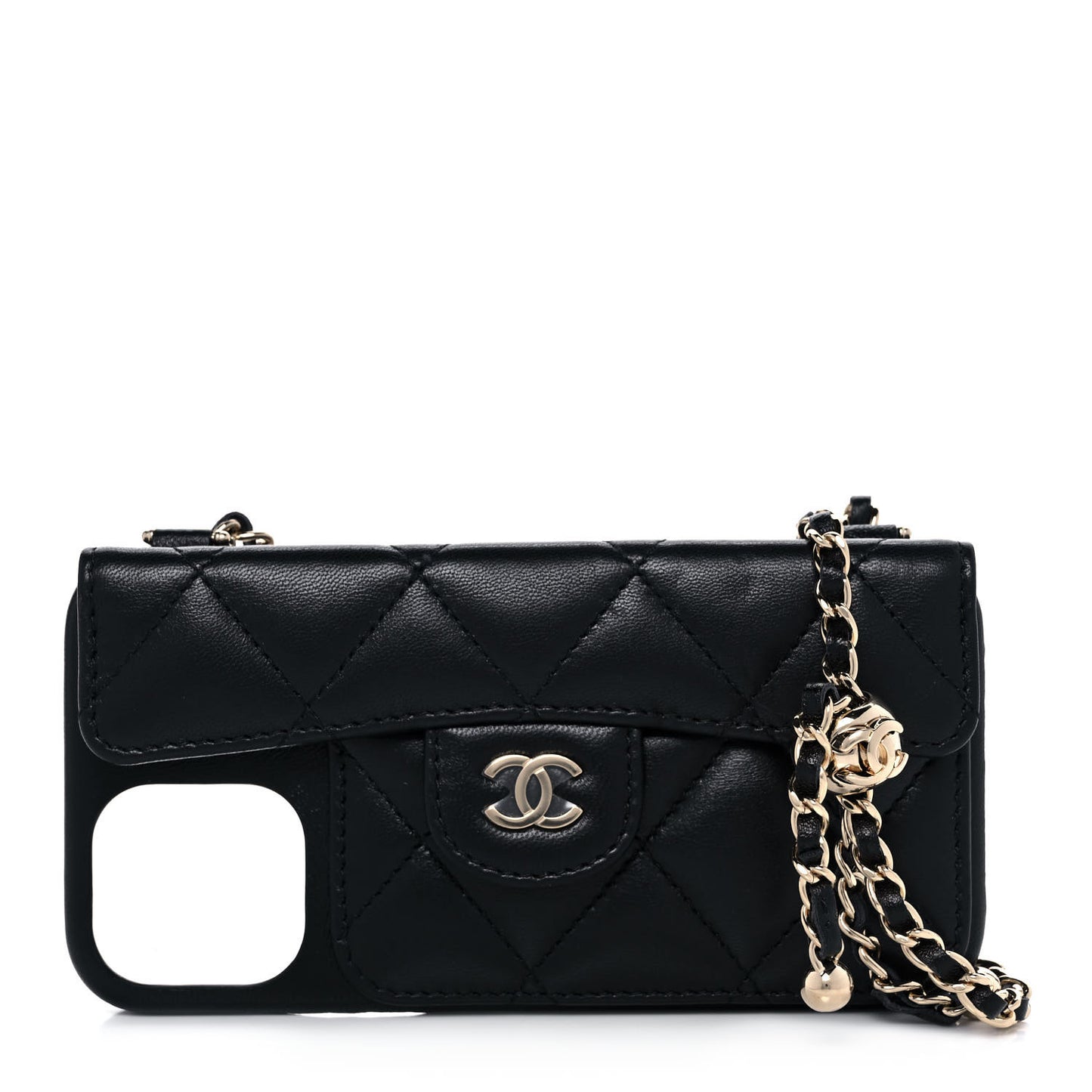 Lambskin Quilted Pearl Crush iPhone XII Pro Holder With Chain Black