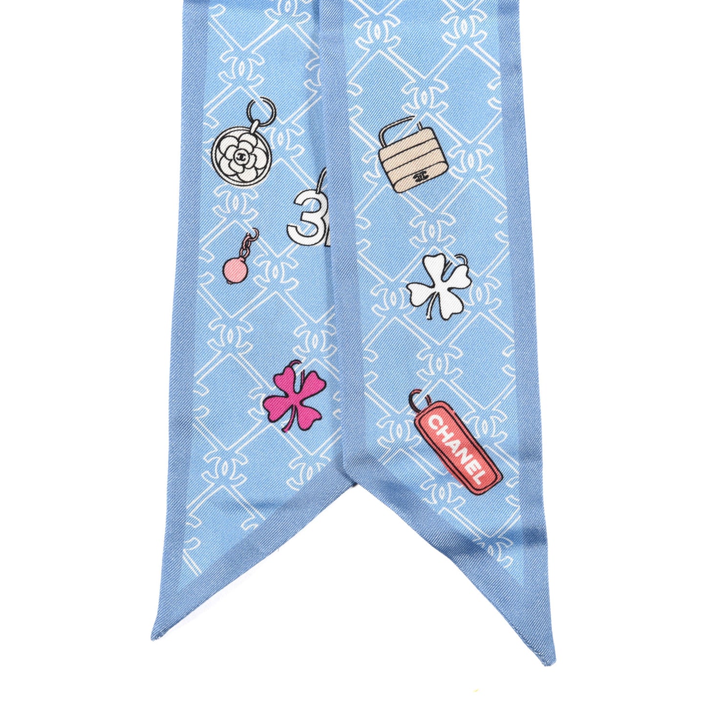 Silk CC Lucky Symbols Slim Bandeau Scarf Light Blue Multicolor