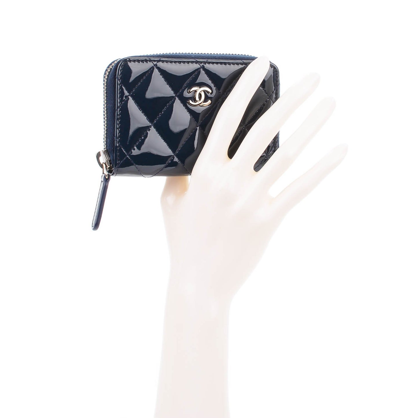 Patent Calfskin Quilted Zip Coin Purse Navy Blue