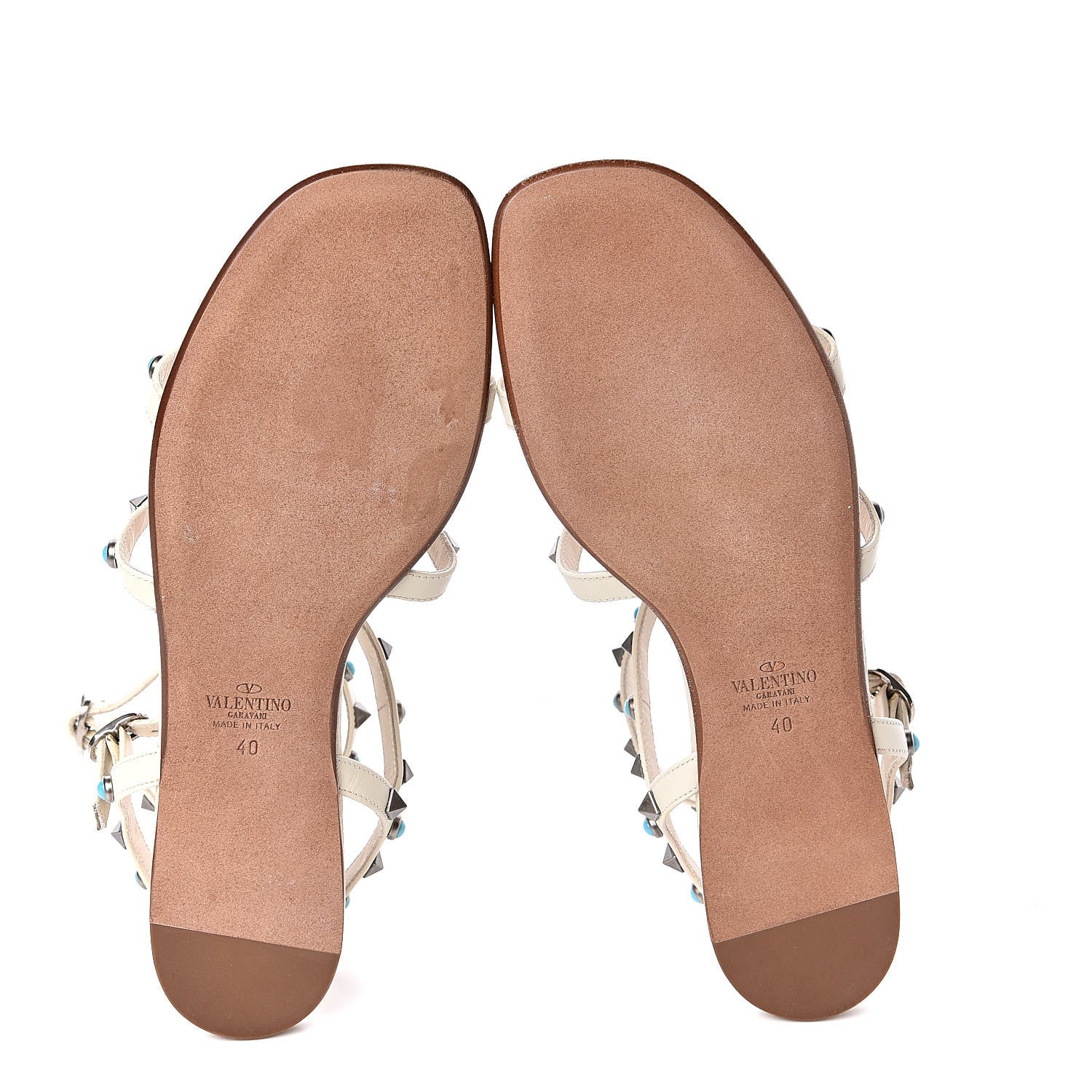 Valentino Garavani Calfskin Turquoise Rockstud Rolling Gladiator Flat Sandals 40 Light Ivory 5 of 8