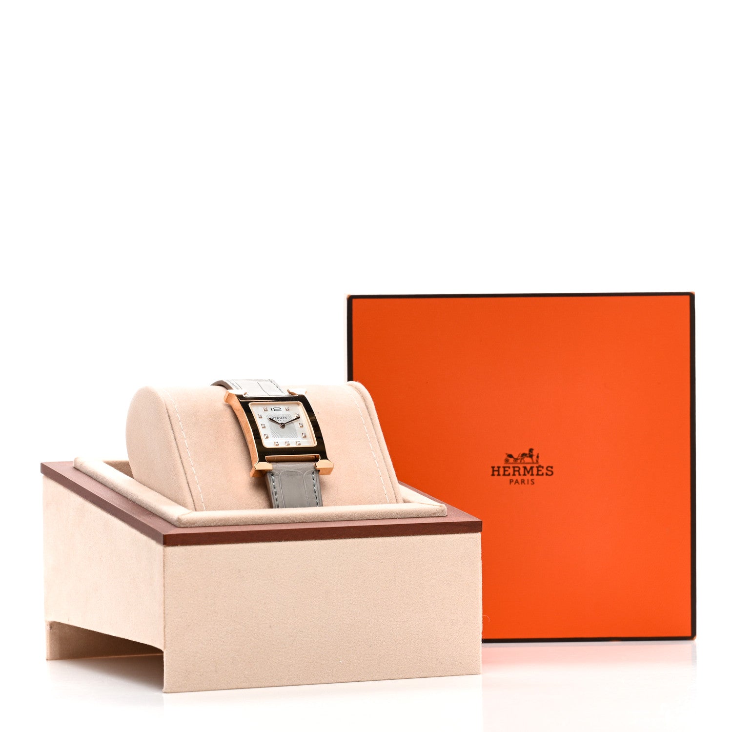 Hermes Stainless Steel Alligator Diamond Mother of Pearl 26mm Heure H Hour Quartz Watch Gris Perle 5 of 5