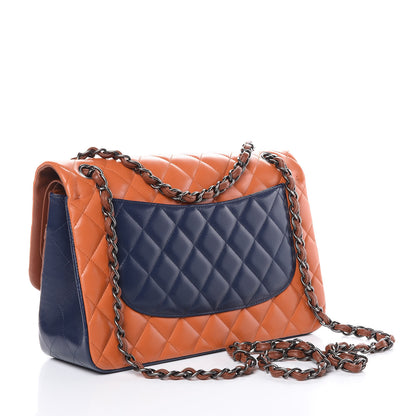 Chanel Lambskin Quilted Jumbo Tri-Color Double Flap Orange Camel Navy 3 of 9