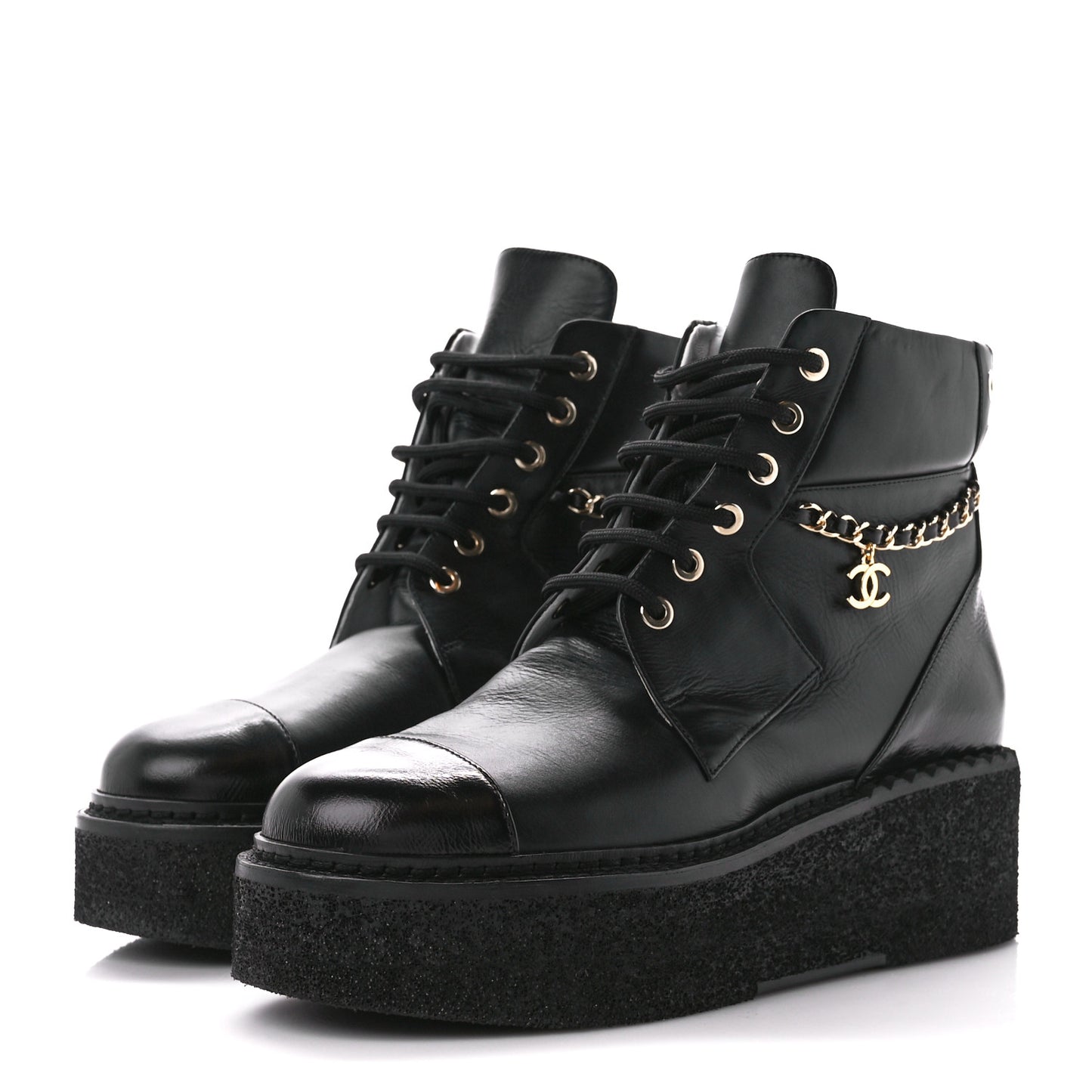 Calfskin Shiny Calfskin Chain Lace Up CC Short Boots 38 Black