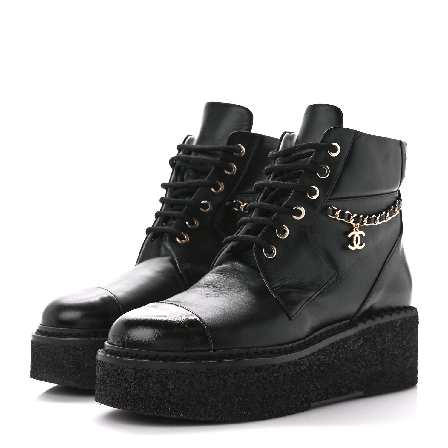 Chanel Calfskin Shiny Calfskin Chain Lace Up CC Short Boots 38 Black 3 of 8