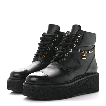 Chanel Calfskin Shiny Calfskin Chain Lace Up CC Short Boots 38 Black 3 of 8