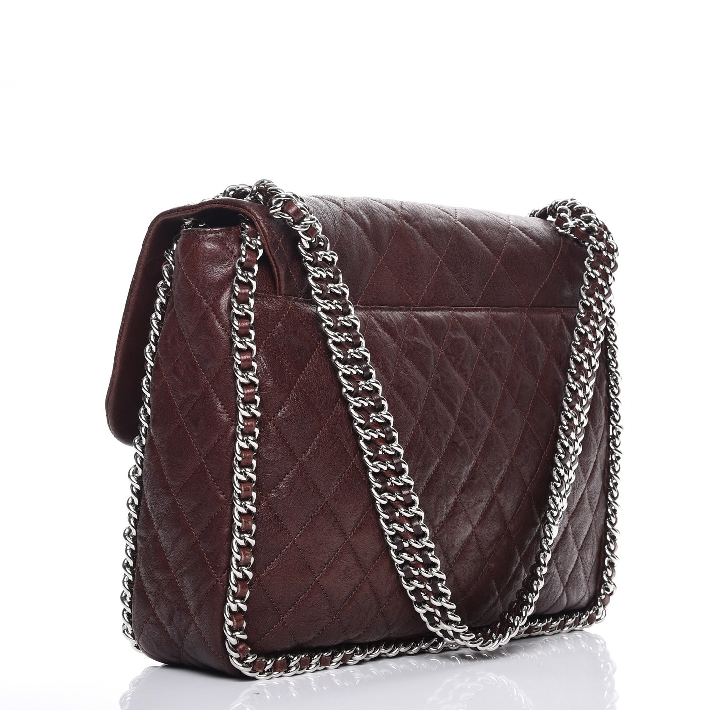 Crumpled Lambskin Quilted Maxi Chain Around Flap Dark Brown