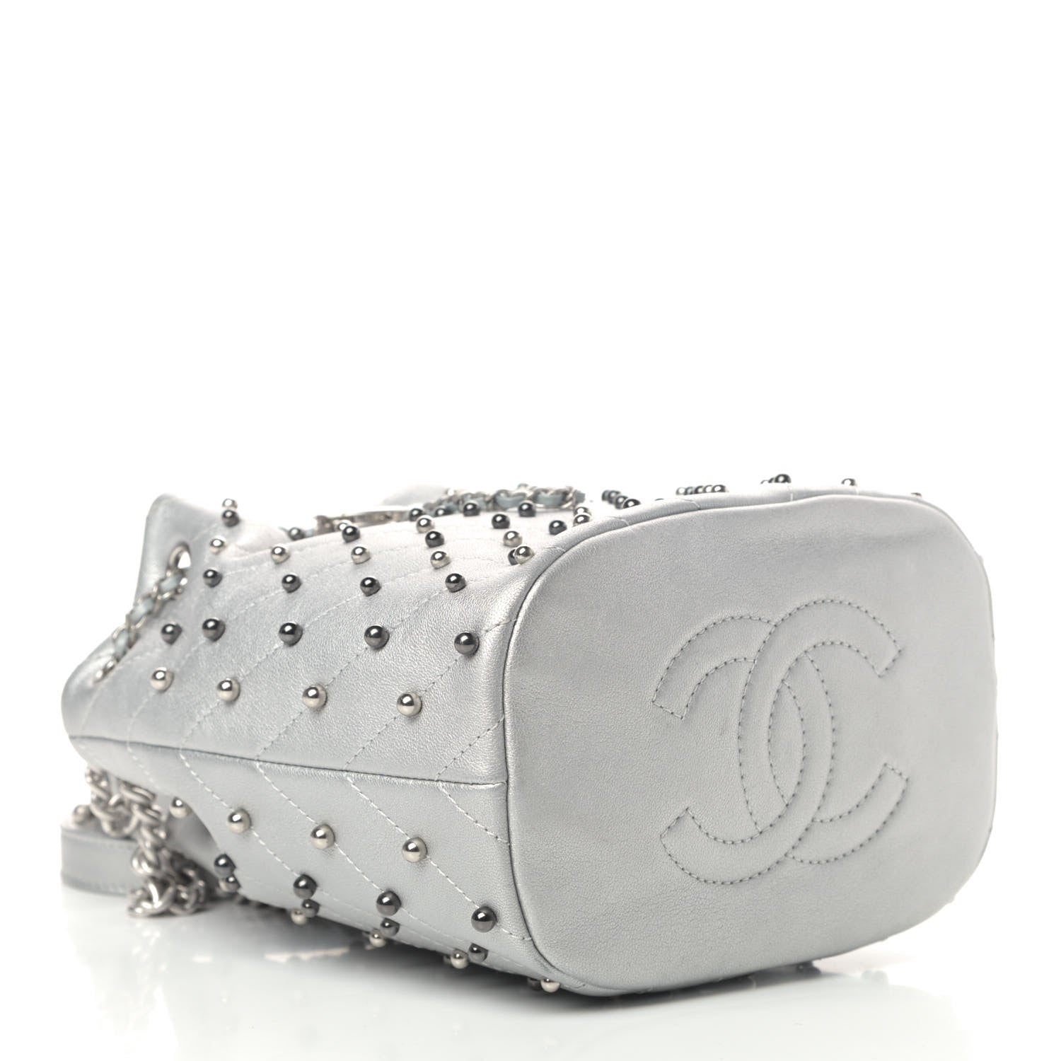 Chanel Metallic Lambskin Studded Chevron Quilted Small Stud Wars Drawstring Bag Silver 3 of 4