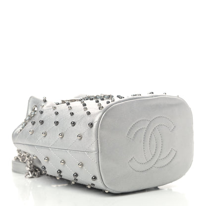 Chanel Metallic Lambskin Studded Chevron Quilted Small Stud Wars Drawstring Bag Silver 3 of 4