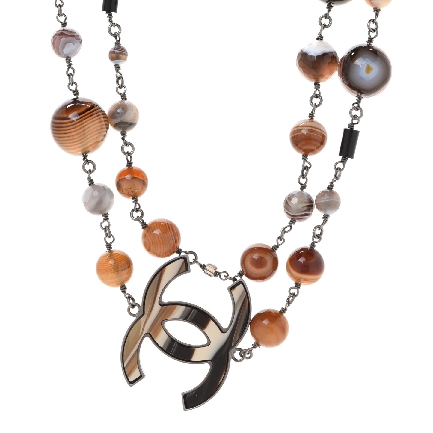 Bead Enamel CC Long Necklace Brown Silver