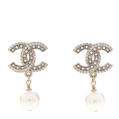 Chanel Crystal Timeless CC Pearl Drop Earrings Light Gold 1 of 5