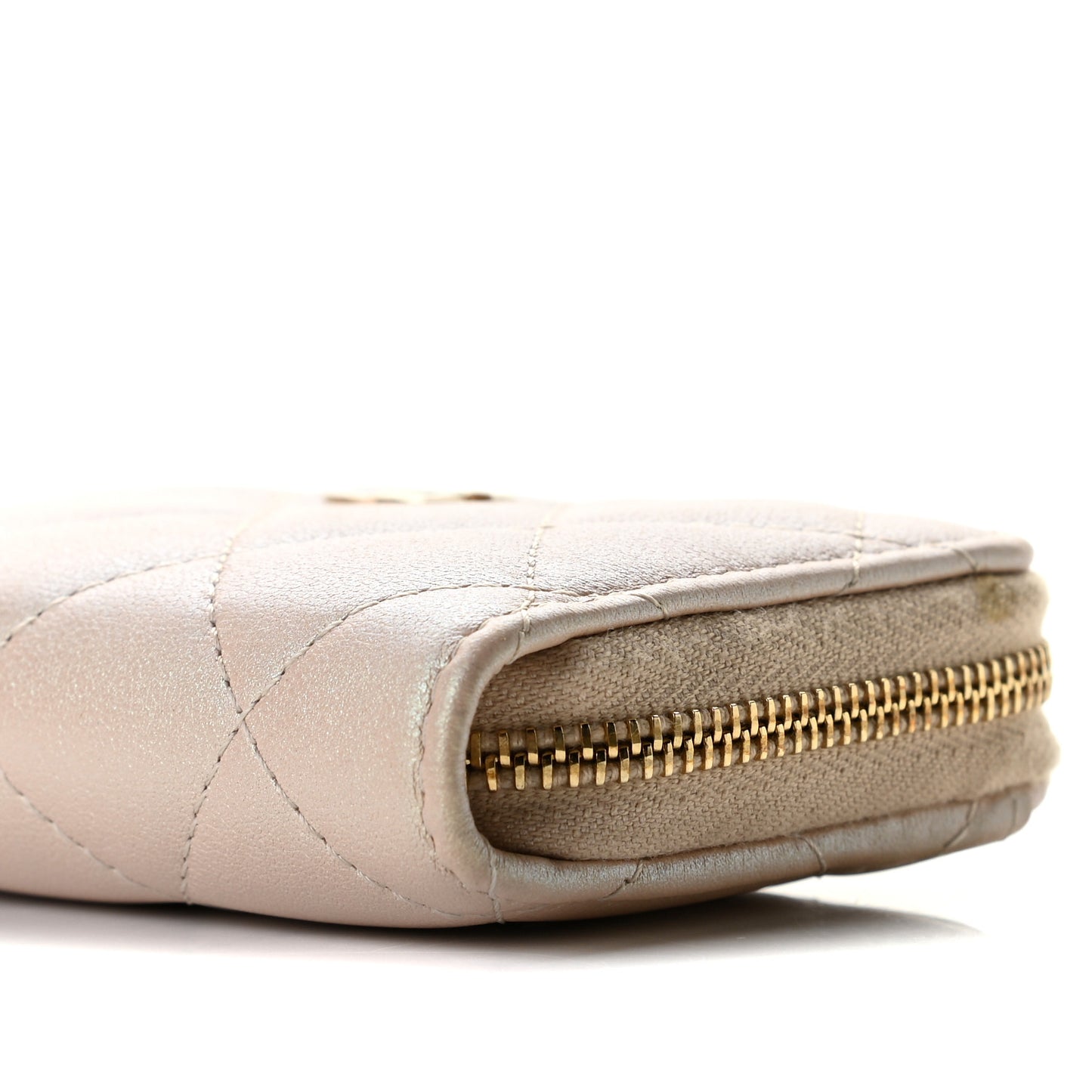 Iridescent Caviar Quilted Zip Around Coin Purse Beige