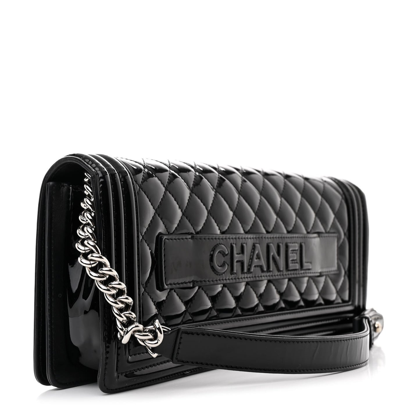 Patent Calfskin Quilted Boy Clutch With Removable Chain Black