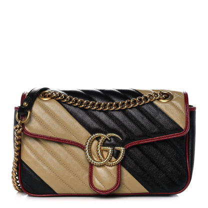 Gucci Vintage Effect Calfskin Matelasse Diagonal Striped Small Torchon GG Marmont Shoulder Bag Black Beige 1 of 13