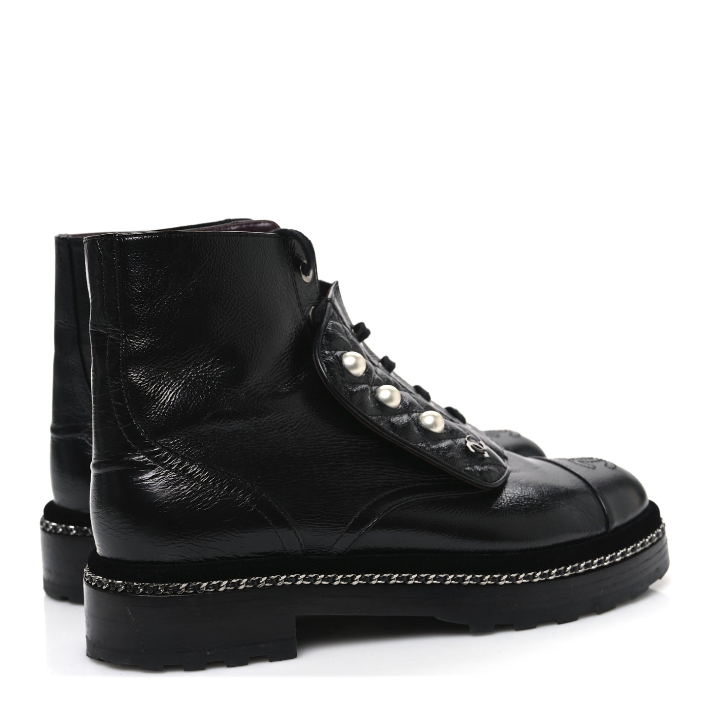 Crackled Calfskin Velvet Pearl Combat Short Boots 39 Black
