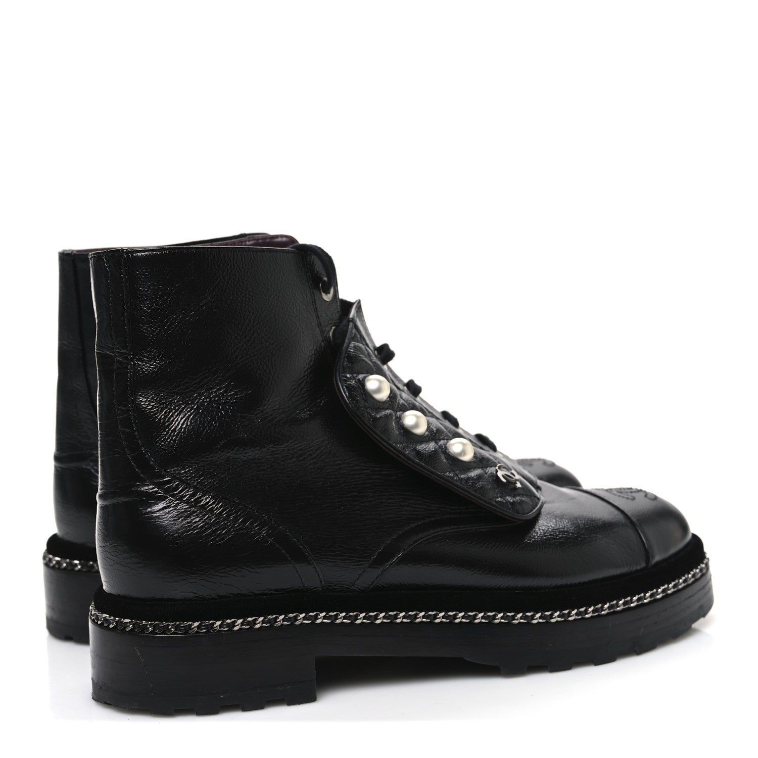Chanel Crackled Calfskin Velvet Pearl Combat Short Boots 39 Black 5 of 11