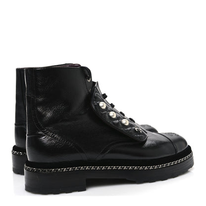 Chanel Crackled Calfskin Velvet Pearl Combat Short Boots 39 Black 5 of 11