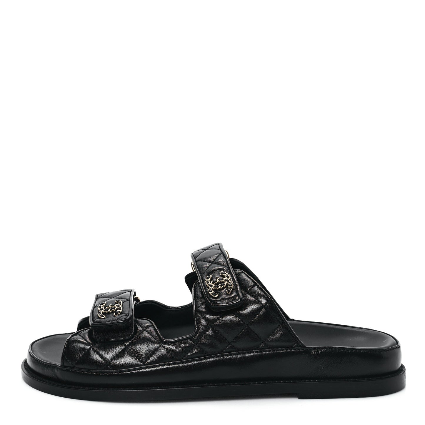 Lambskin Quilted Velcro Dad Chain CC Slide Sandals 41 Black